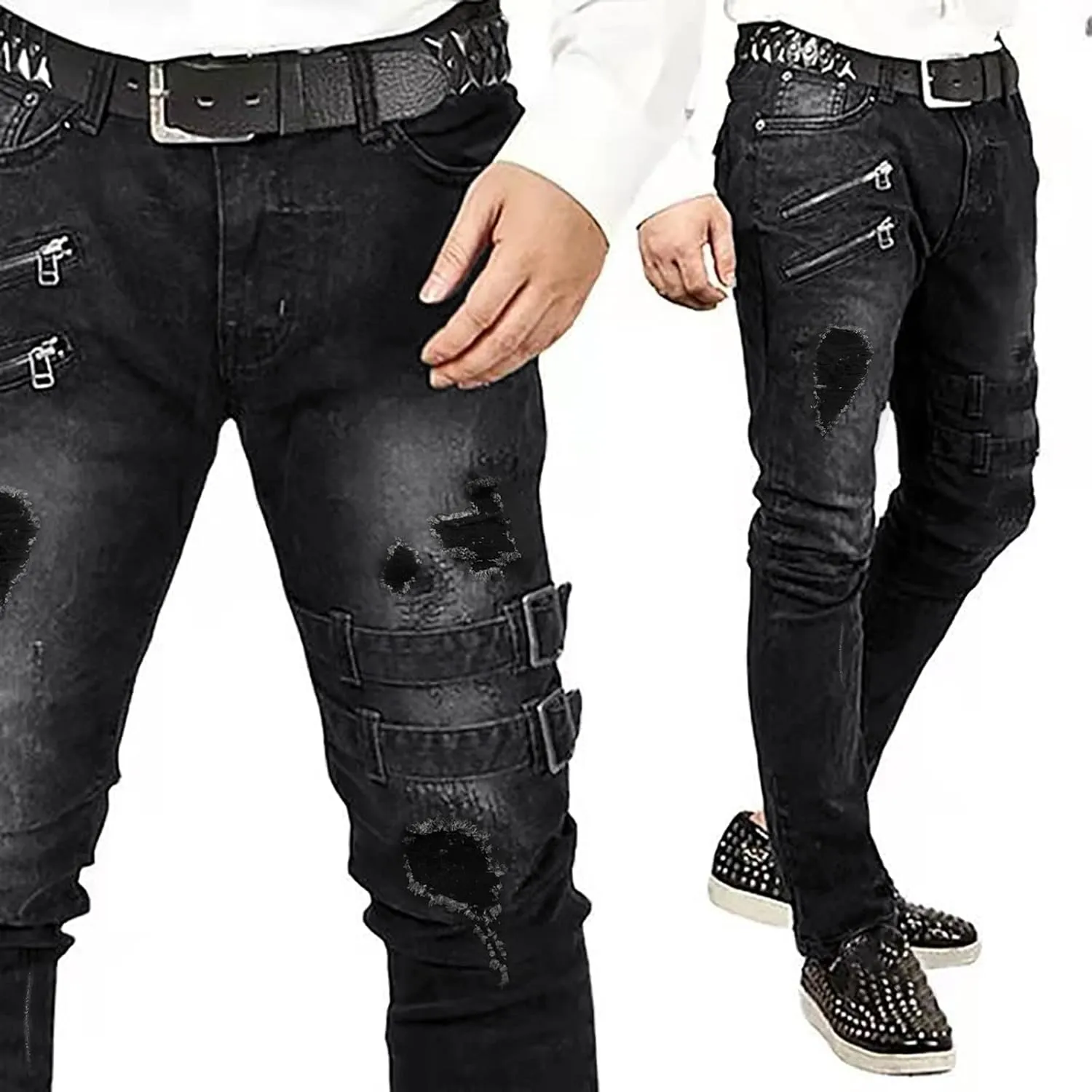 Mens Slim Fit Motor Biker Jeans Stretch Tapered Leg Denim Pants Zipper Deco Buckle Strap Hip Hop Gothic Punk Skinny Jeans