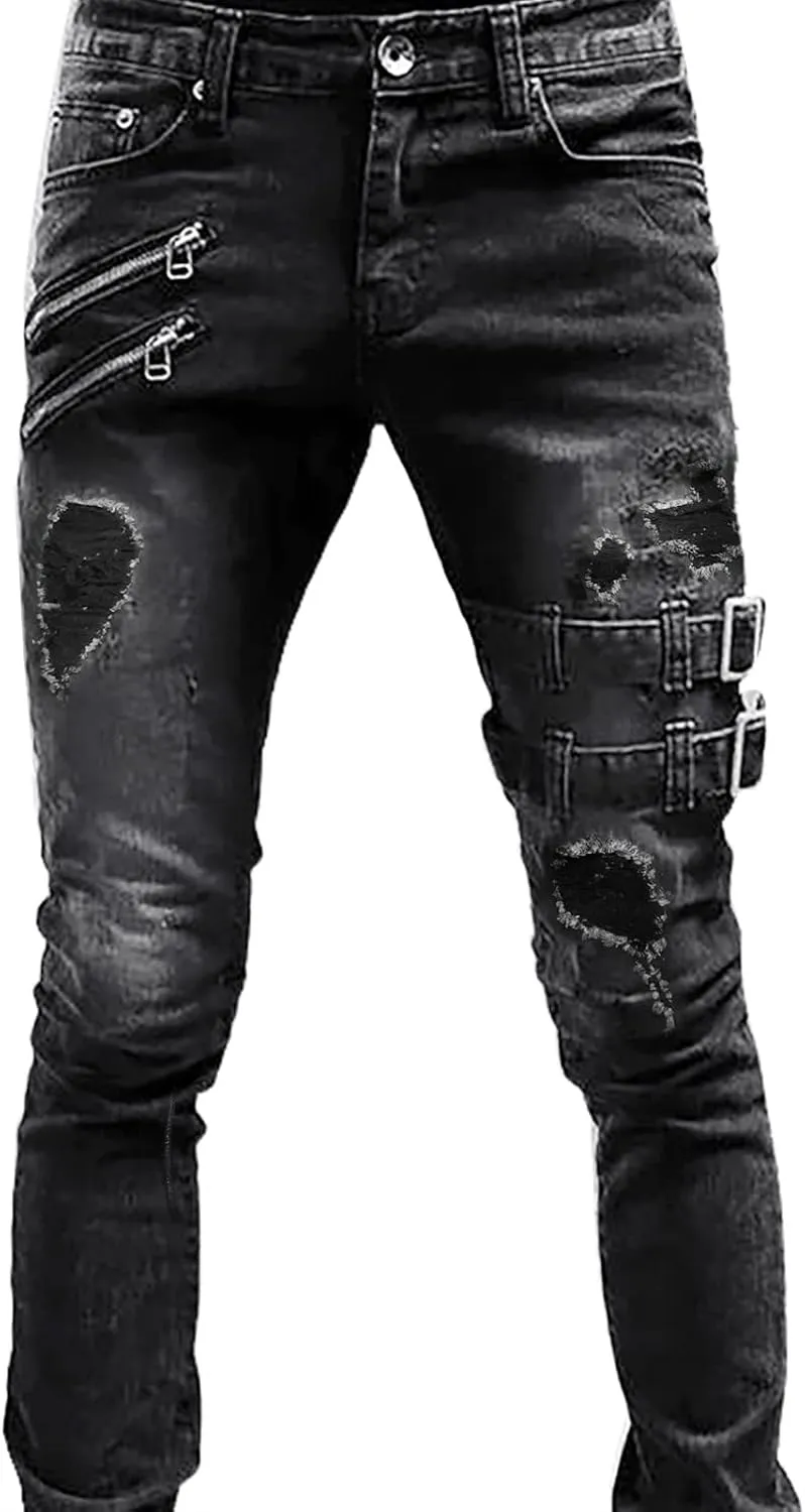 Mens Slim Fit Motor Biker Jeans Stretch Tapered Leg Denim Pants Zipper Deco Buckle Strap Hip Hop Gothic Punk Skinny Jeans