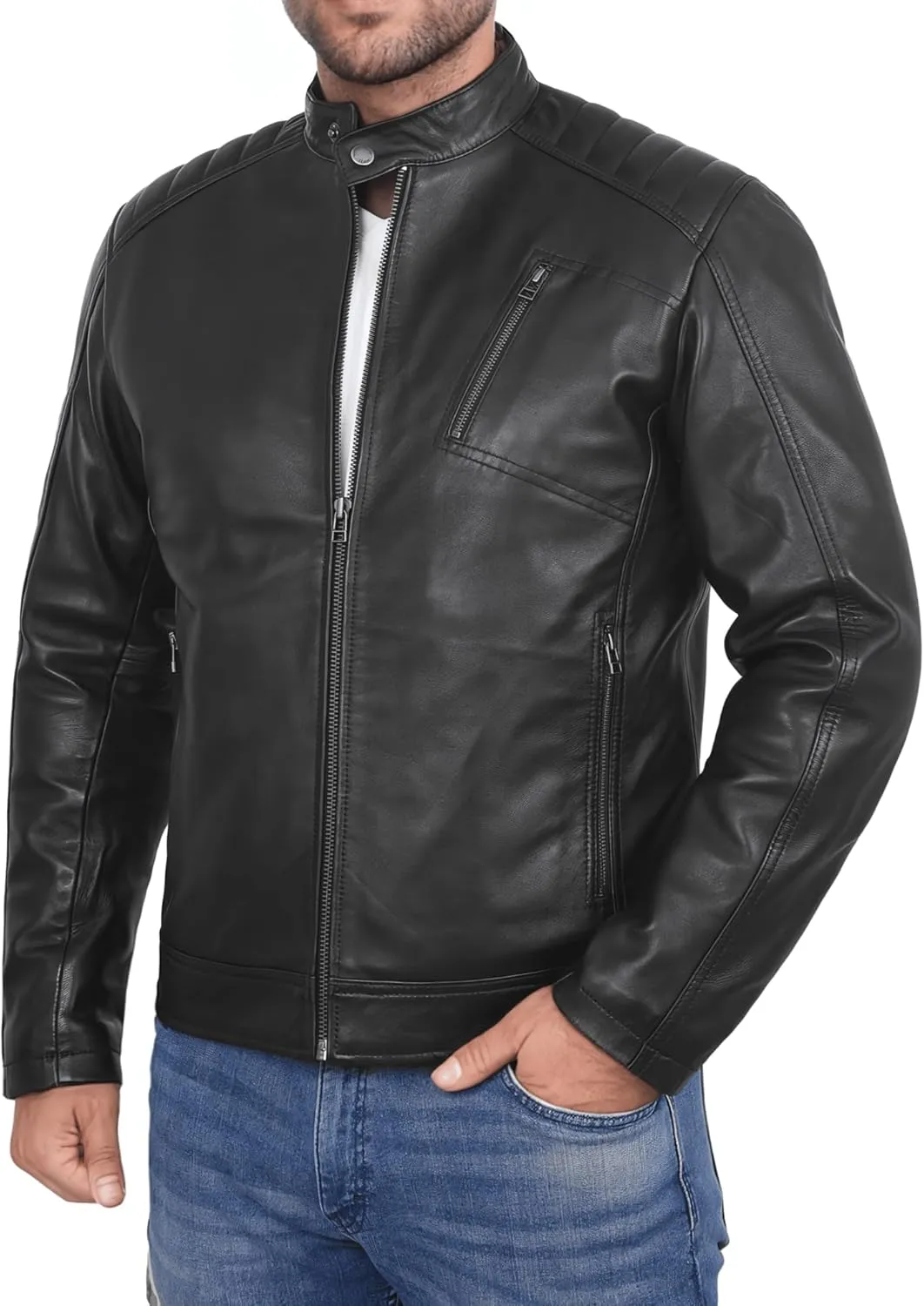 Men's Soft Genuine Lambskin Leather Biker Jacket  Vintage Real Motorcycle Cafe Racer Style