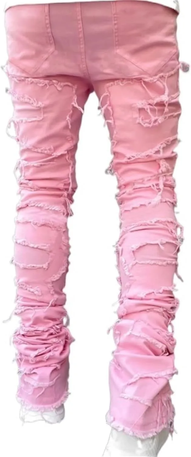 Mens Stacked Jeans Slim Fit Ripped Destroyed Straight Leg Denim Pants for Harajuku or Hip Hop Streetwear