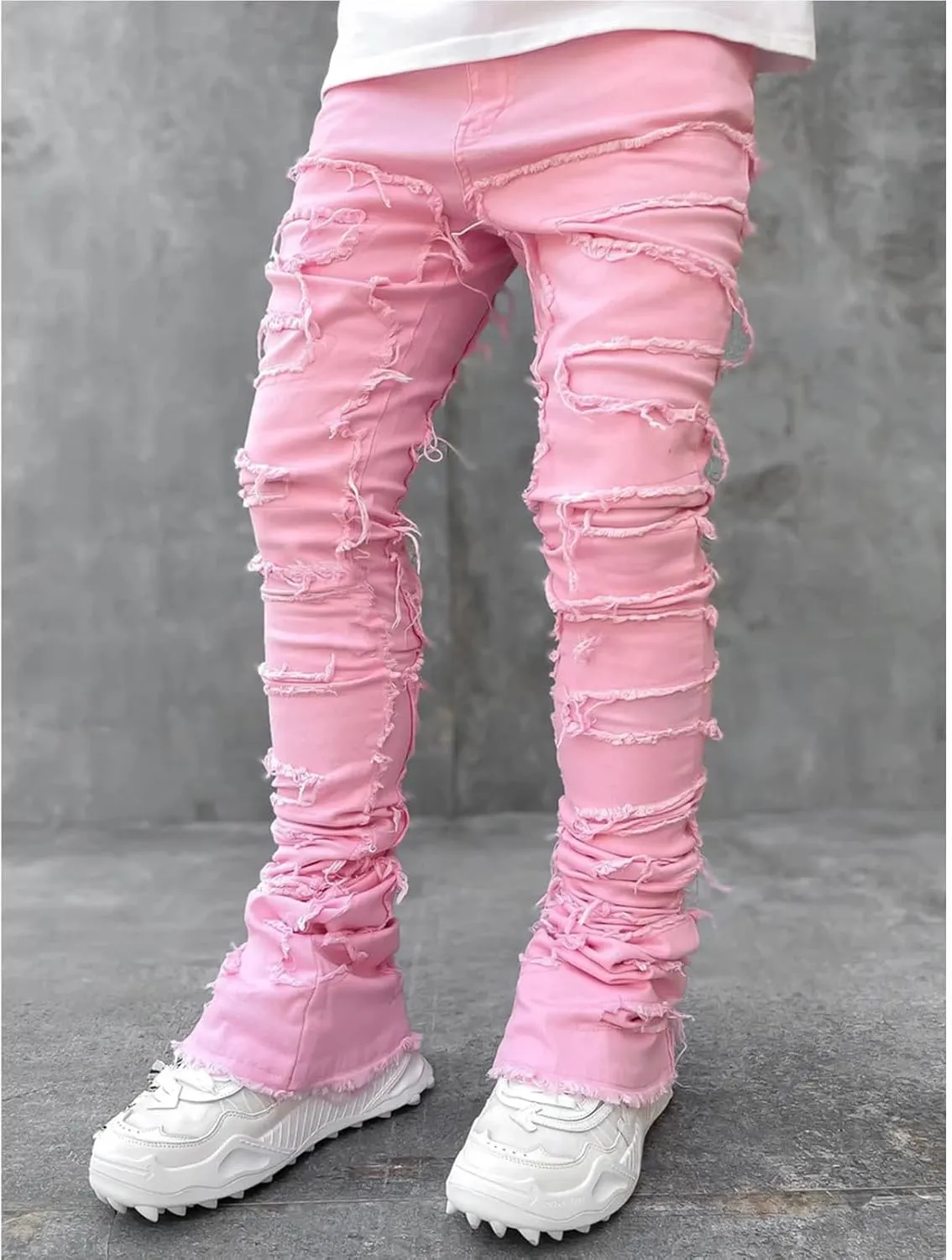 Mens Stacked Jeans Slim Fit Ripped Destroyed Straight Leg Denim Pants for Harajuku or Hip Hop Streetwear