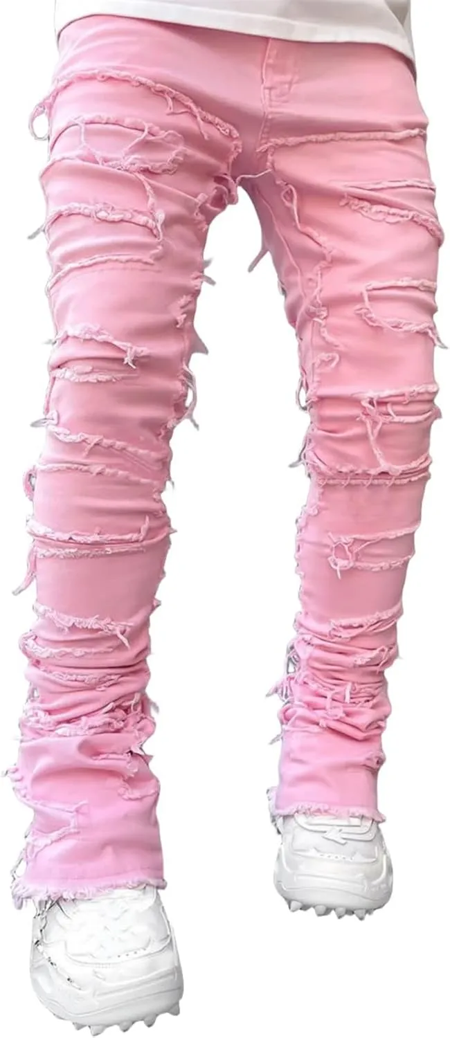 Mens Stacked Jeans Slim Fit Ripped Destroyed Straight Leg Denim Pants for Harajuku or Hip Hop Streetwear