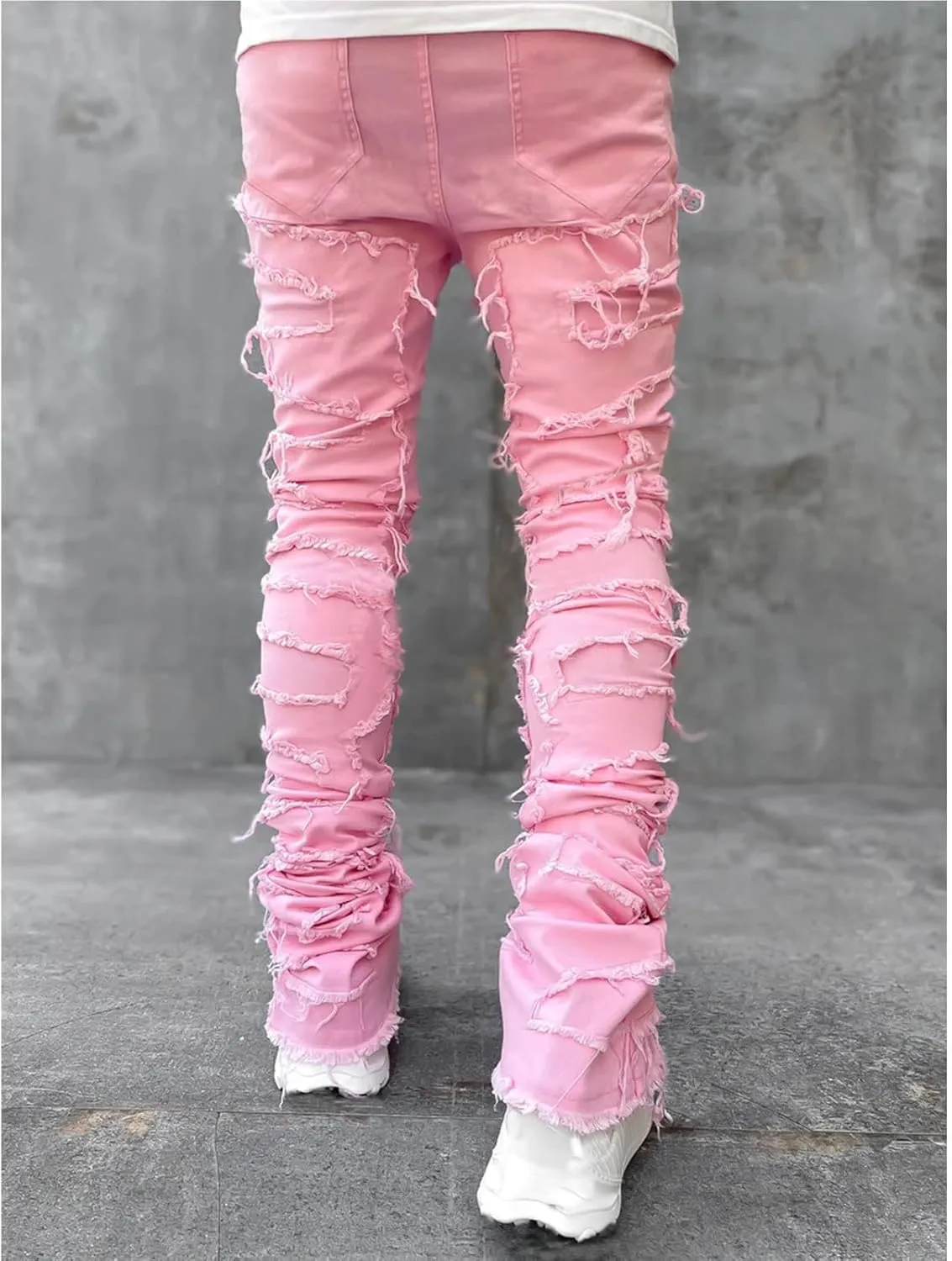 Mens Stacked Jeans Slim Fit Ripped Destroyed Straight Leg Denim Pants for Harajuku or Hip Hop Streetwear