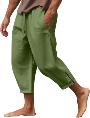 Mens Summer Capri Pants Cotton & Linen Cargo Hiking Casual Loose Cropped Pants Summer Lightweight Quick Drying Trousers 2024
