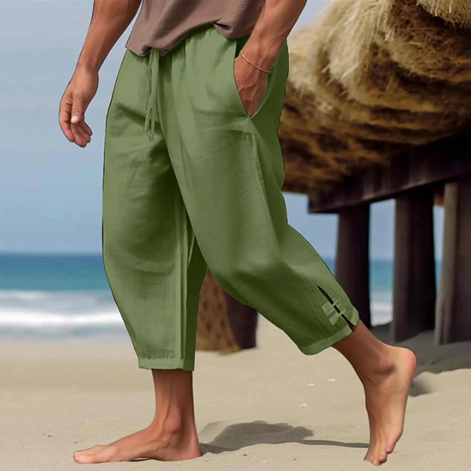 Mens Summer Capri Pants Cotton & Linen Cargo Hiking Casual Loose Cropped Pants Summer Lightweight Quick Drying Trousers 2024