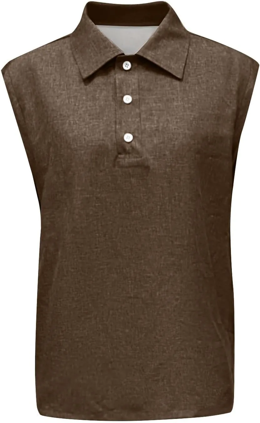 Men's Summer Tops Polo Shirt Sleeveless Distressed Washed V Neck Button T-Shirt Loose Casual Vintage Solid Tank Top