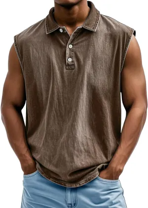 Men's Summer Tops Polo Shirt Sleeveless Distressed Washed V Neck Button T-Shirt Loose Casual Vintage Solid Tank Top
