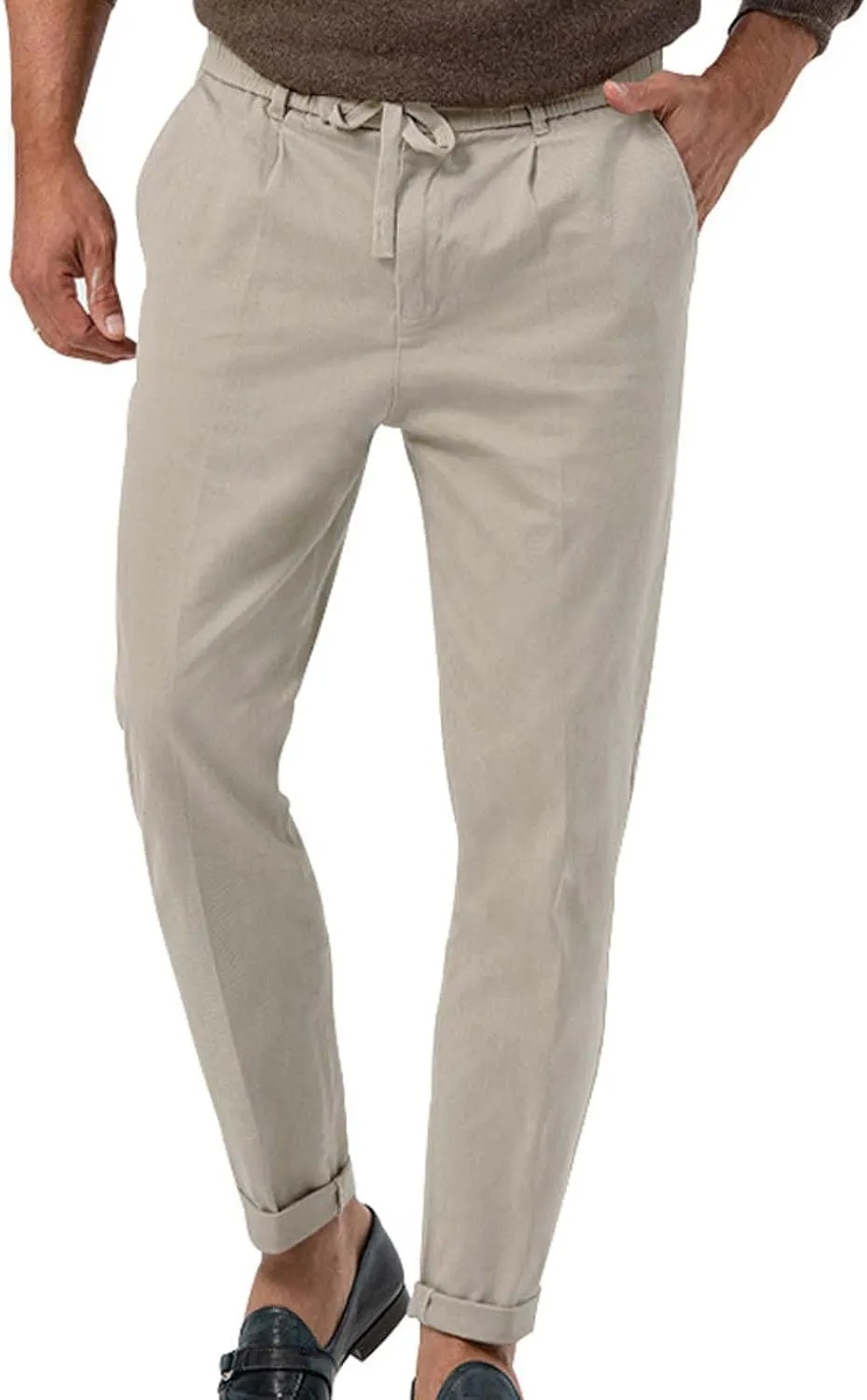 Mens Tapered Pants Casual Linen Pants Elastic Waist Slim Fit Beach Yoga Business Lightweight Cotton Trousers with Pockets