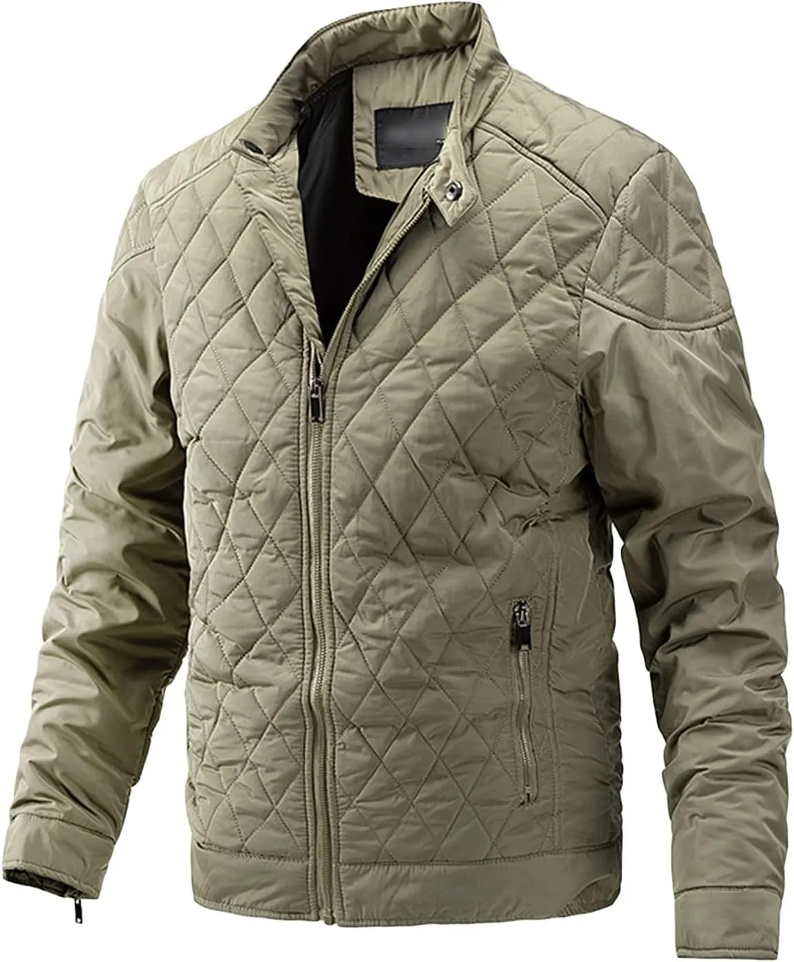 Men's Thin Casual Cotton Jacket Male Diamond Quilted Bike Outwear Men Stand Collar Zip Warm Padded Coats