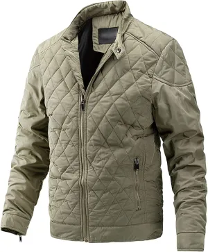 Men's Thin Casual Cotton Jacket Male Diamond Quilted Bike Outwear Men Stand Collar Zip Warm Padded Coats