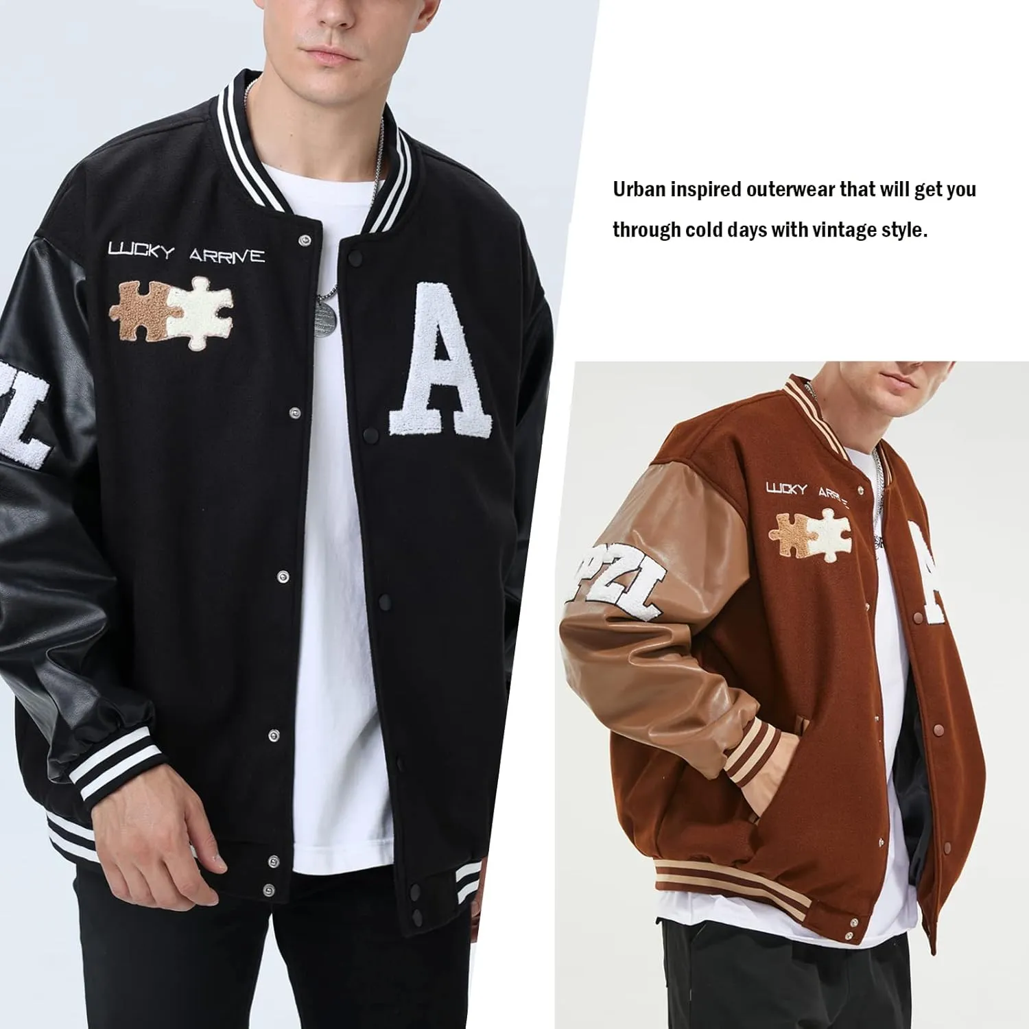 Mens Varsity College Jacket Baseball Bomber Jacket Vintage Sweatshirt Casual Unisex Streetwear Coats with Patch