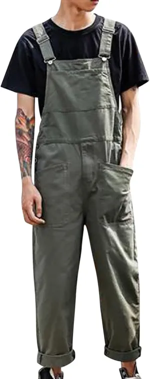 Mens Vintage Bib Overalls Dressy Casual Relaxed Fit Versatile Romper Lightweight Straight Fashion Solid Color Loose Jumpsuit