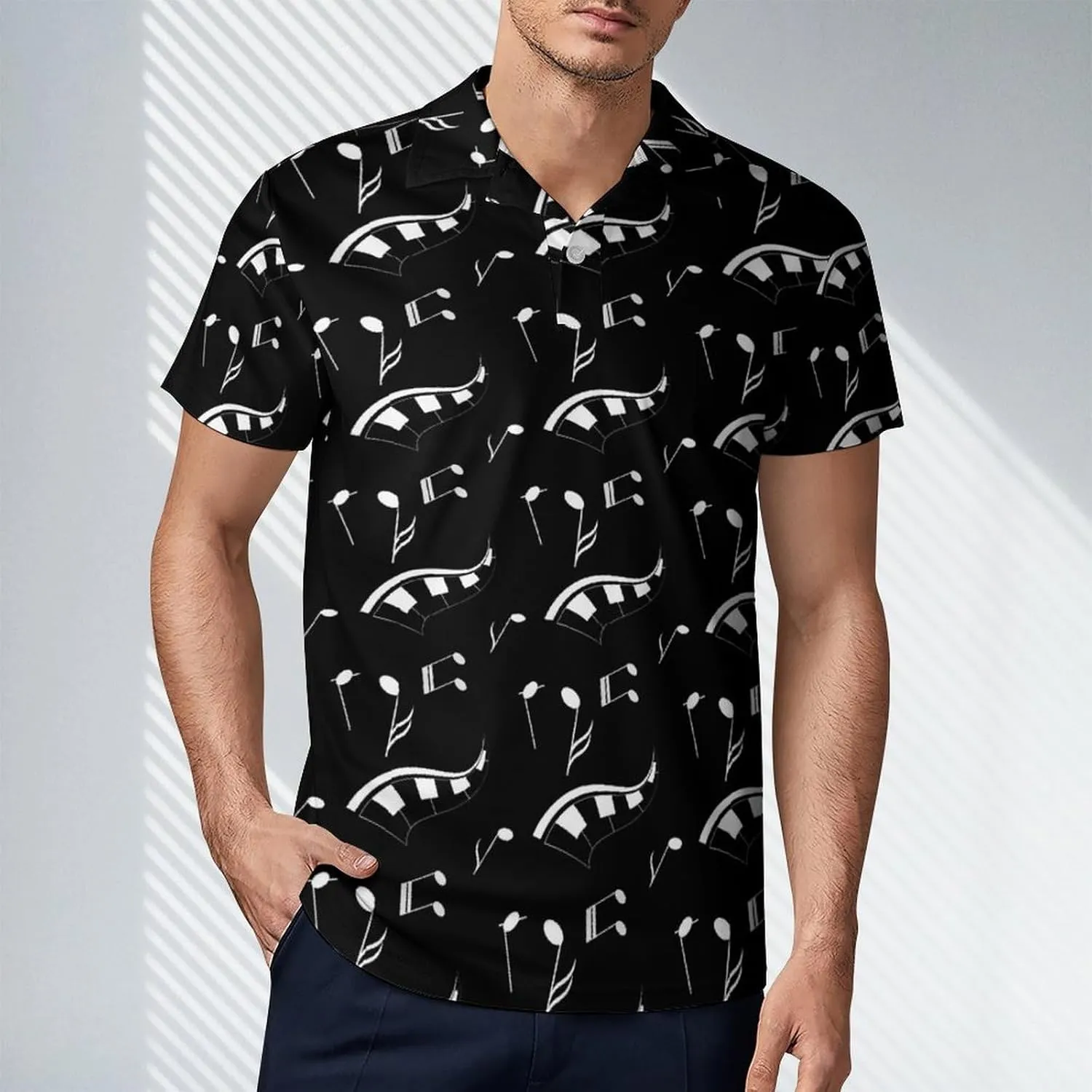 Men's White Note Polo Shirts Short Sleeve Cool Golf Shirt Quick-Dry Activewear Polos