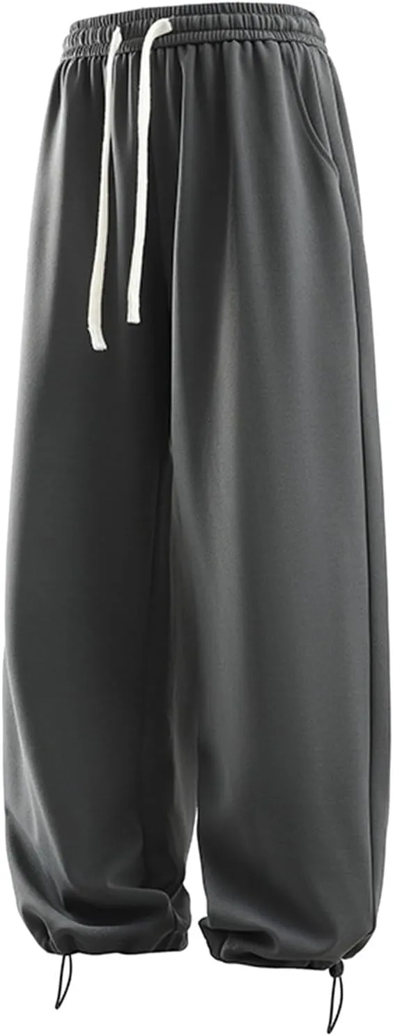 Mens Wide Leg Sweatpants Relaxed Fit Elastic Waist Drawstring Joggers Solid Straight Casual Hip Hop Pants Streetwear Trousers