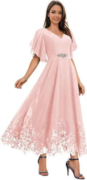 Mother of The Bride Dresses for Wedding for Women Tea Length Chiffon Lace Appliques Formal Evening Dresses