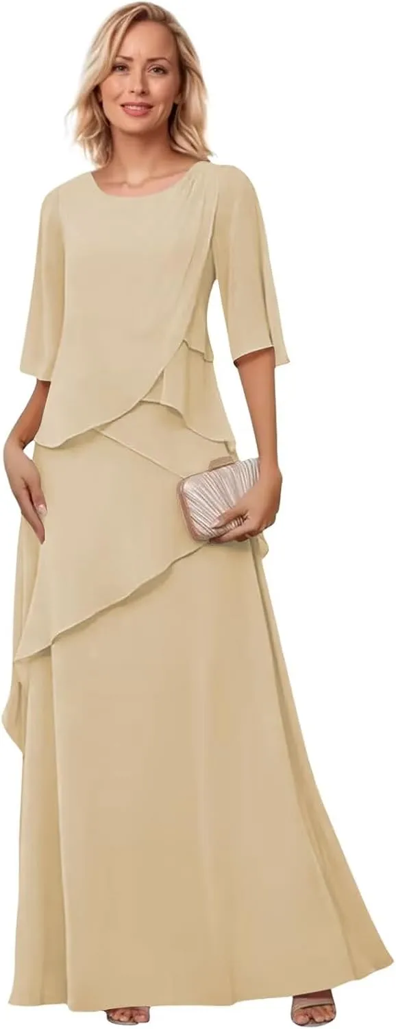 Mother of The Bride Dresses for Wedding Layered Chiffon Long Evening Dress Formal Gown with Sleeves