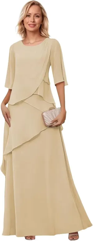 Mother of The Bride Dresses for Wedding Layered Chiffon Long Evening Dress Formal Gown with Sleeves
