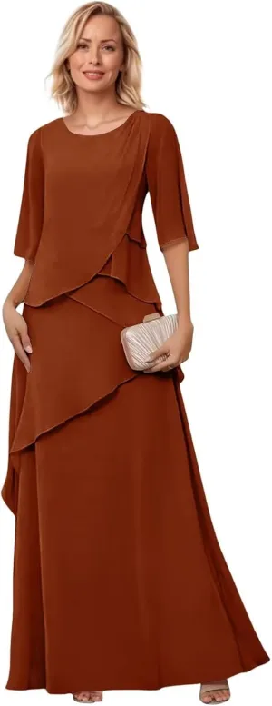 Mother of The Bride Dresses for Wedding Layered Chiffon Long Evening Dress Formal Gown with Sleeves