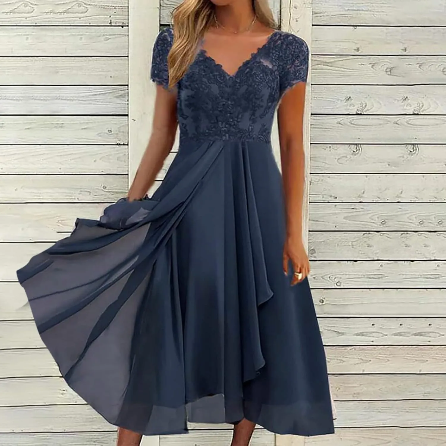 Mother of The Bride Dresses for Women Bohemian Embroidered Lace Crewneck Half Sleeve Chiffon Midi Dress Classy 80S Outfit