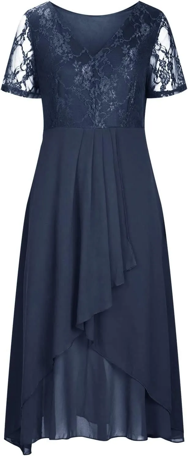 Mother of The Bride Dresses for Women Bohemian Embroidered Lace Crewneck Half Sleeve Chiffon Midi Dress Classy 80S Outfit