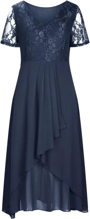 Mother of The Bride Dresses for Women Bohemian Embroidered Lace Crewneck Half Sleeve Chiffon Midi Dress Classy 80S Outfit