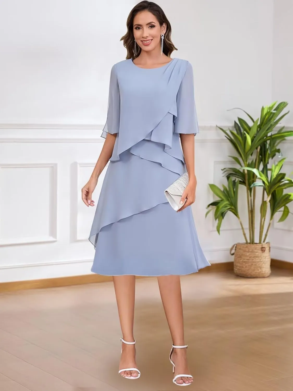 Mother of The Bride Dresses for Women Scoop Neck Chiffon Ruffle Formal Evening Dress