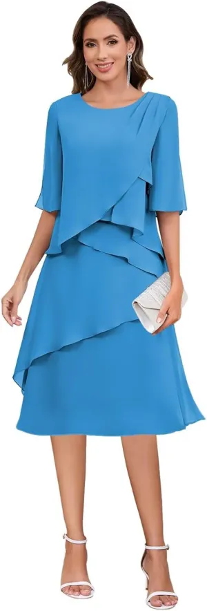 Mother of The Bride Dresses for Women Scoop Neck Chiffon Ruffle Formal Evening Dress