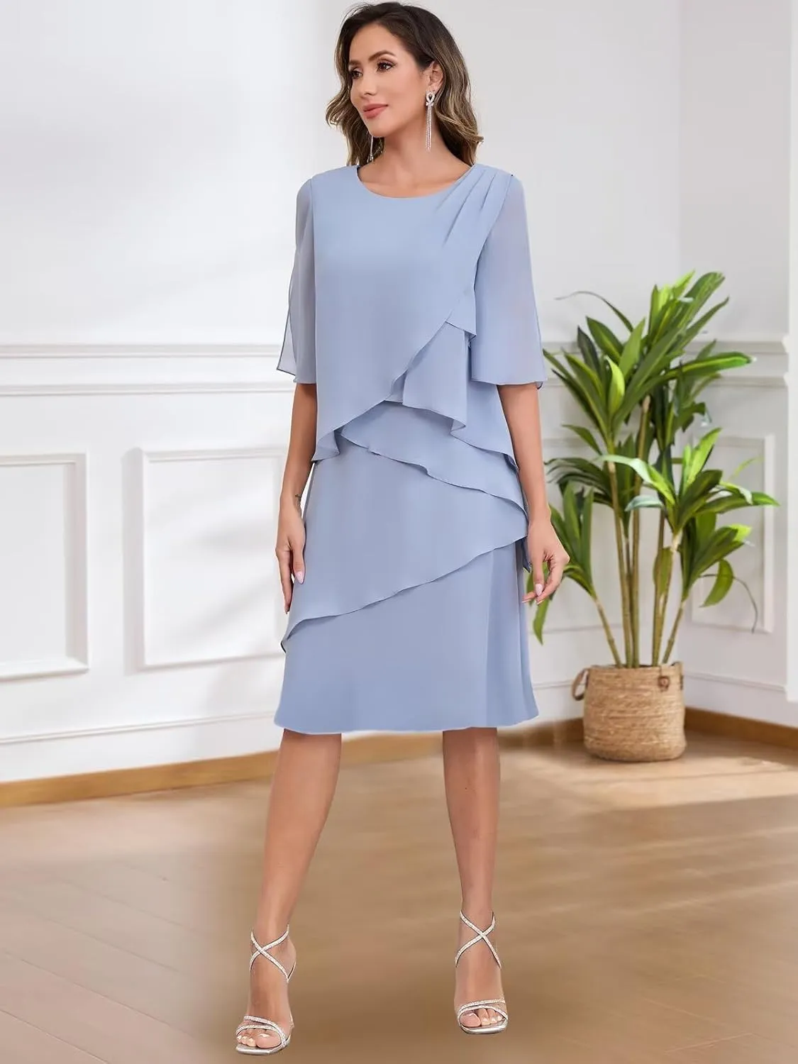 Mother of The Bride Dresses for Women Scoop Neck Chiffon Ruffle Formal Evening Dress