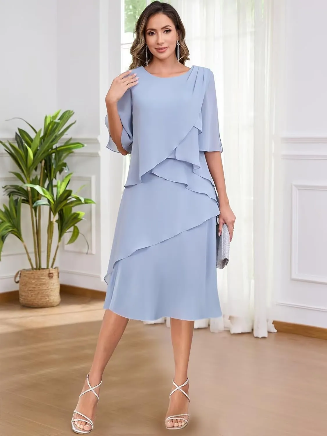 Mother of The Bride Dresses for Women Scoop Neck Chiffon Ruffle Formal Evening Dress