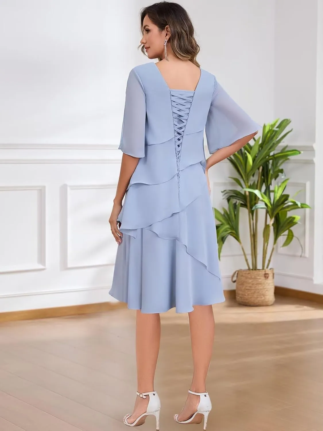 Mother of The Bride Dresses for Women Scoop Neck Chiffon Ruffle Formal Evening Dress