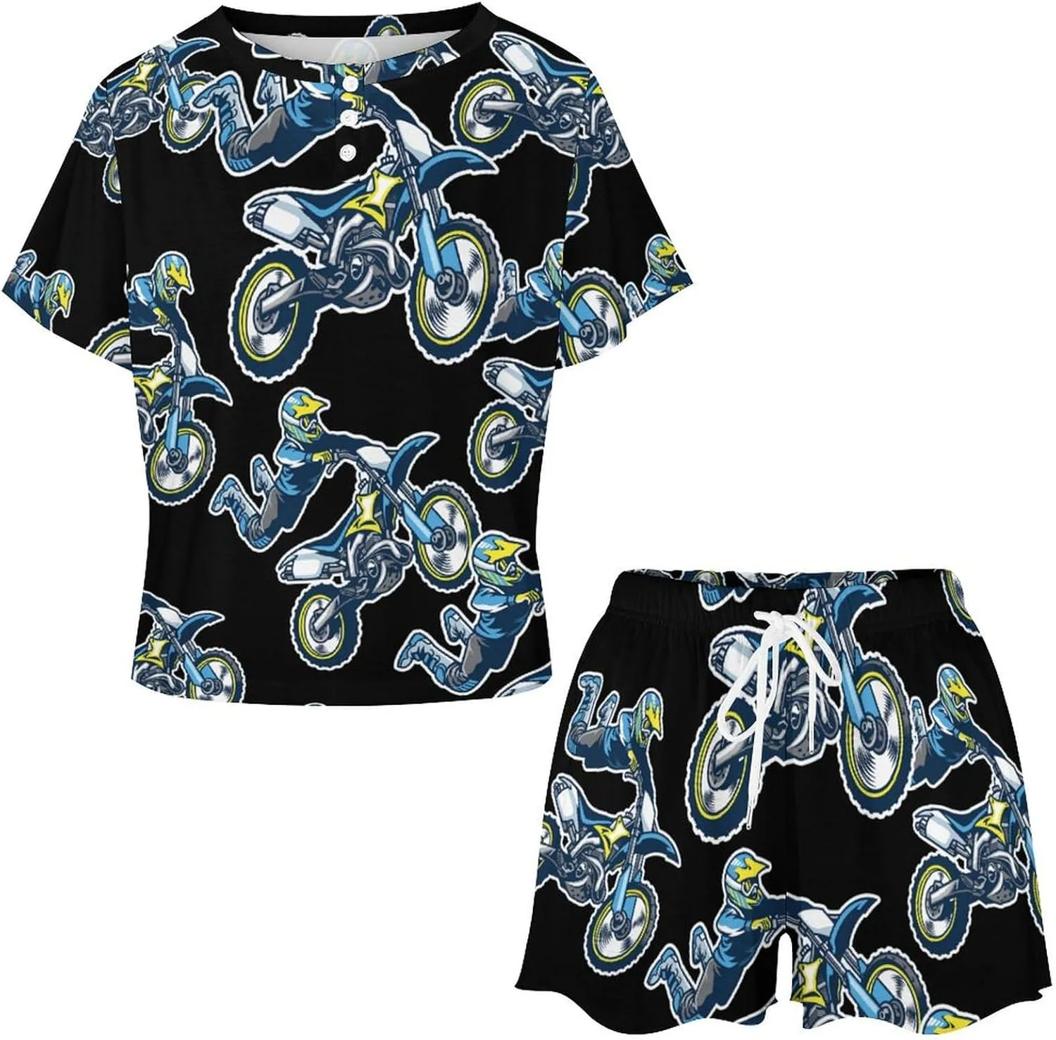 Motocross Rider Womens Pajamas Set Loungewear Short Sleeve Sleepwear PJ