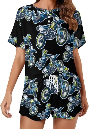 Motocross Rider Womens Pajamas Set Loungewear Short Sleeve Sleepwear PJ
