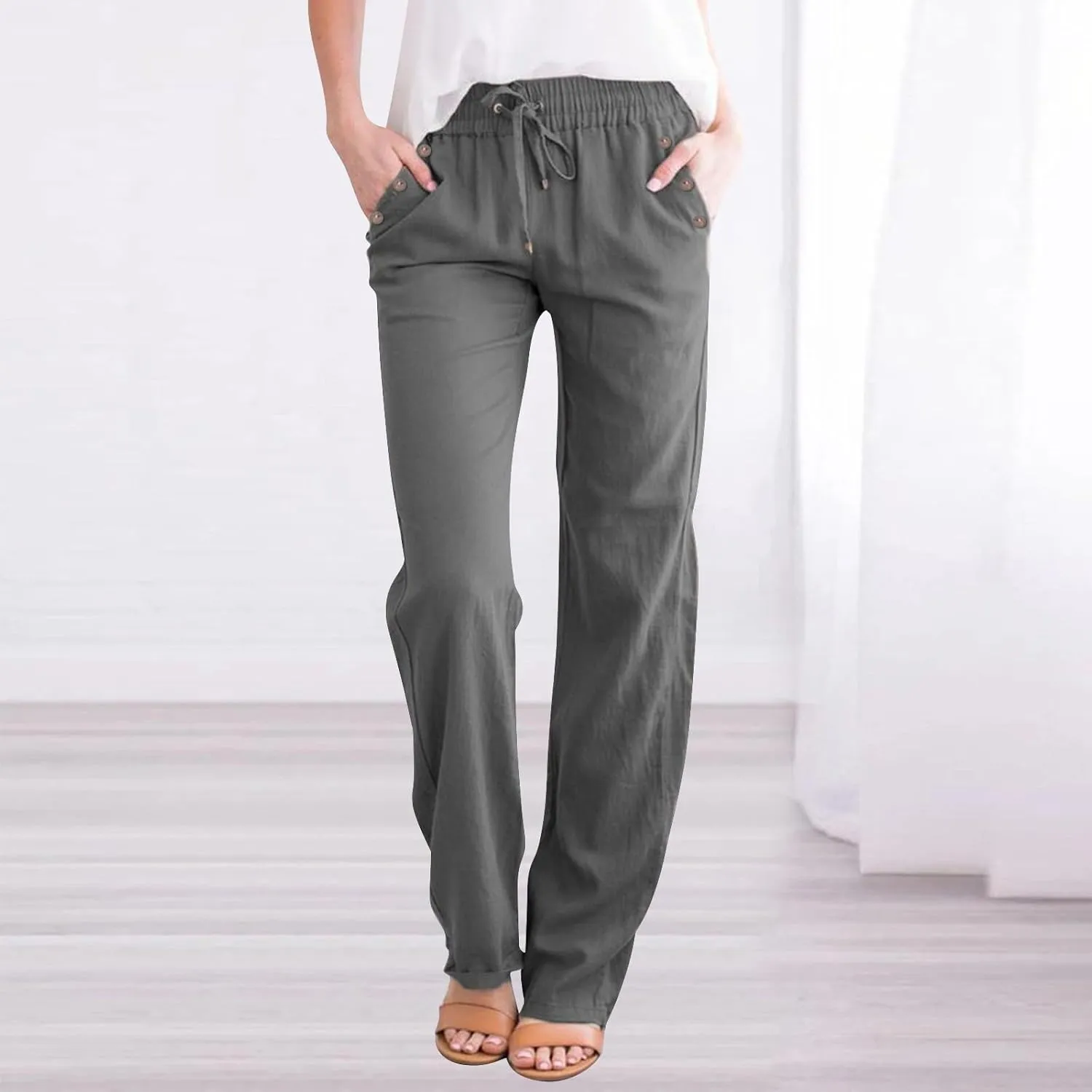 NBXNZWF Cotton Linen Pants for Women Casual Straight Leg Drawstring Elastic High Waist Long Trouser Loose Fit Lounge Pants