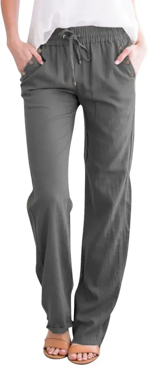 NBXNZWF Cotton Linen Pants for Women Casual Straight Leg Drawstring Elastic High Waist Long Trouser Loose Fit Lounge Pants