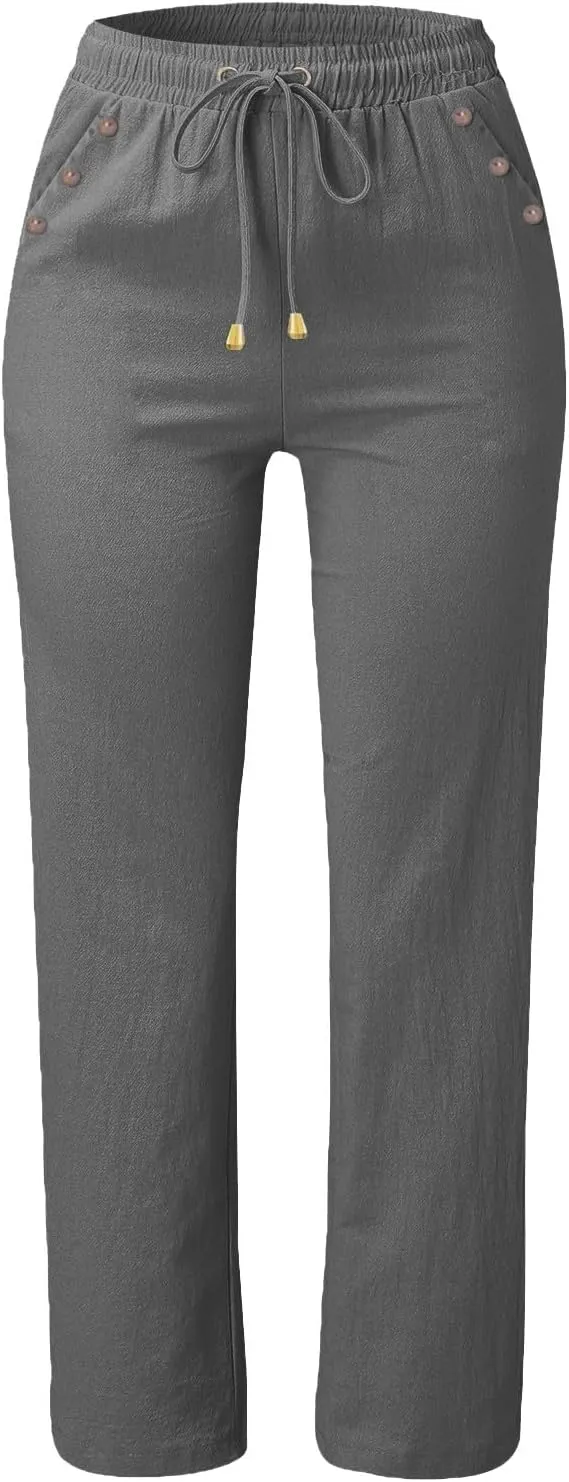 NBXNZWF Cotton Linen Pants for Women Casual Straight Leg Drawstring Elastic High Waist Long Trouser Loose Fit Lounge Pants
