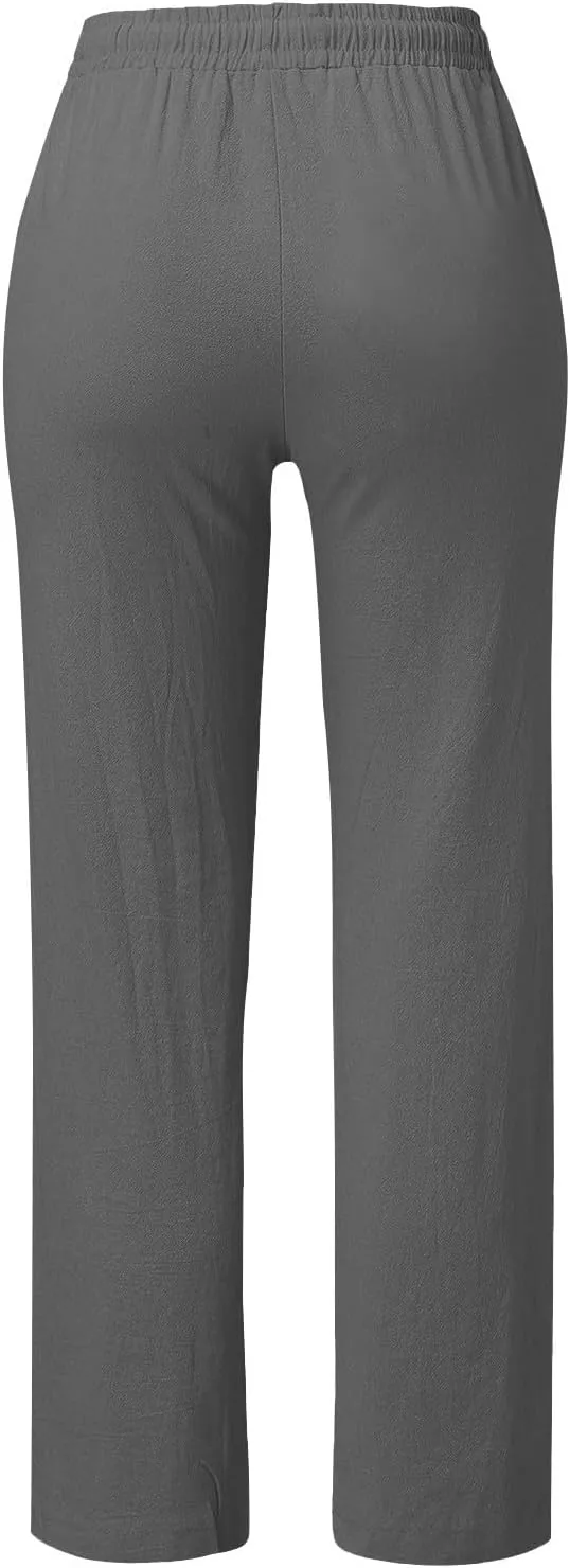 NBXNZWF Cotton Linen Pants for Women Casual Straight Leg Drawstring Elastic High Waist Long Trouser Loose Fit Lounge Pants