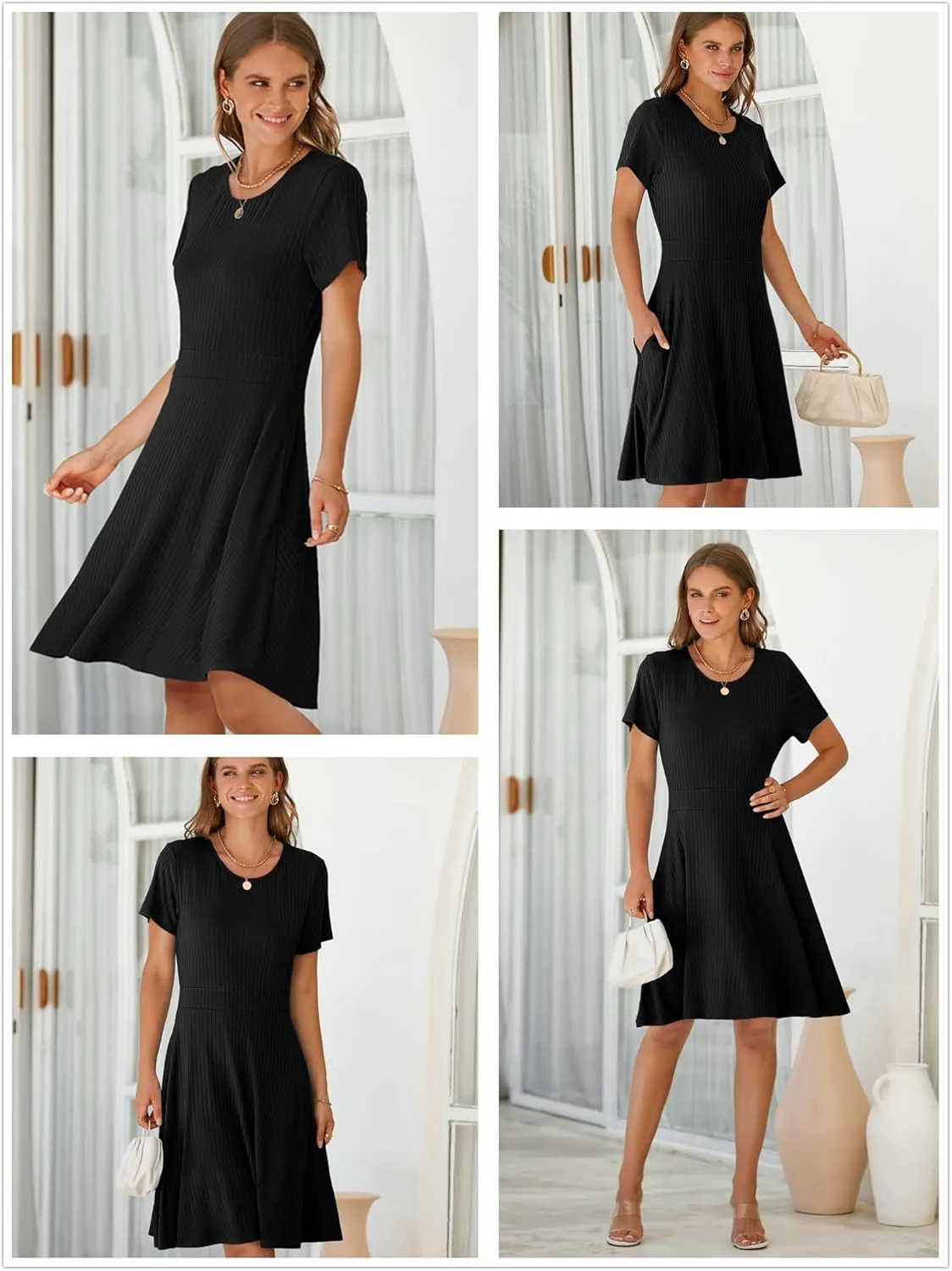 Newshows Womens 2025 Summer Dresses Short Sleeve Ribbed Knit A-Line Swing Beach Vacation Outfits Casual Sundress with Pockets