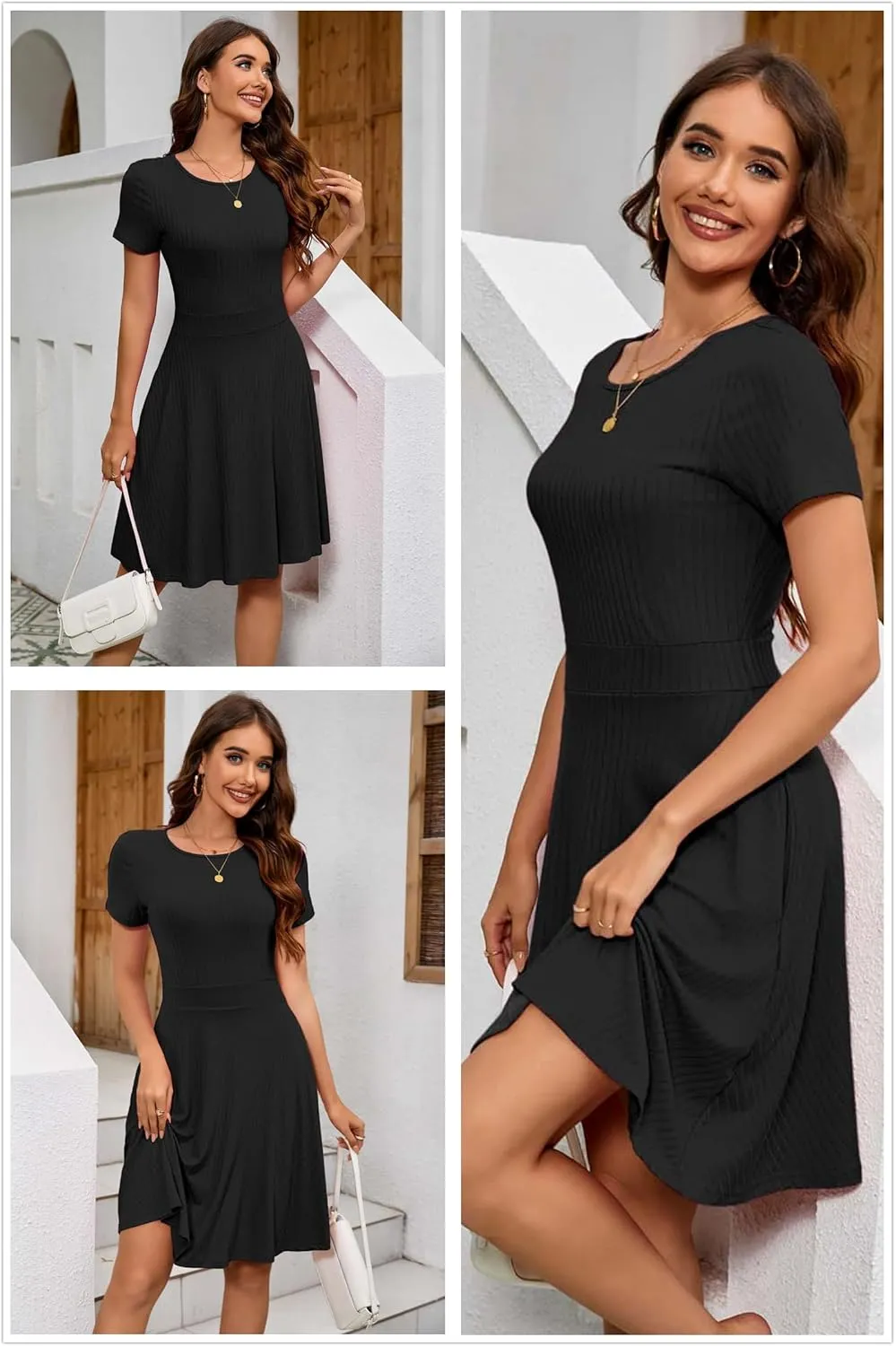 Newshows Womens 2025 Summer Dresses Short Sleeve Ribbed Knit A-Line Swing Beach Vacation Outfits Casual Sundress with Pockets