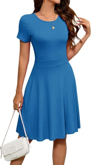 Newshows Womens 2025 Summer Dresses Short Sleeve Ribbed Knit A-Line Swing Beach Vacation Outfits Casual Sundress with Pockets