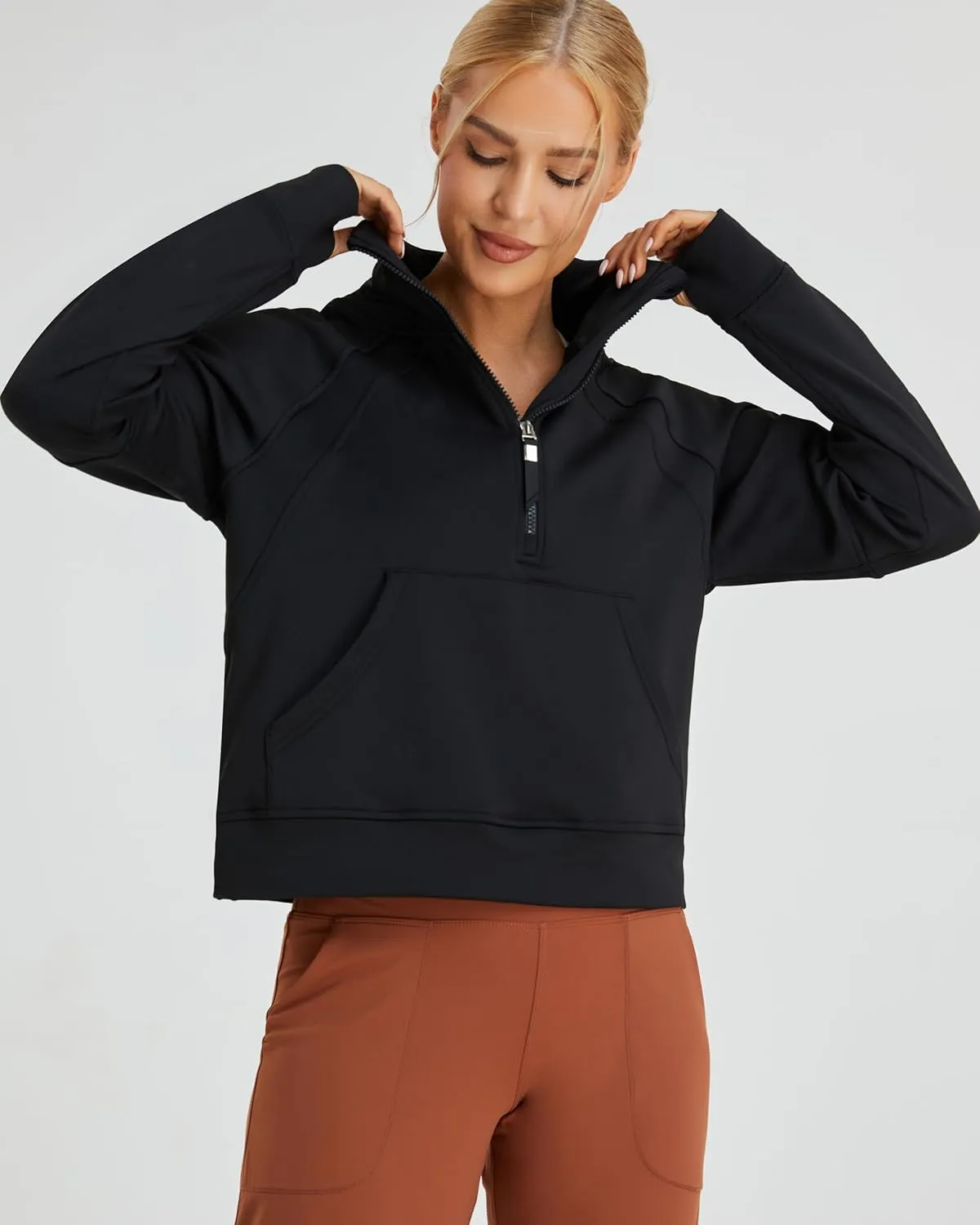 Oalka Sweatshirts Half Zip Long Sleeve Cropped Pullover Lined Full Zip Hoodies Thumb Hole Jackets