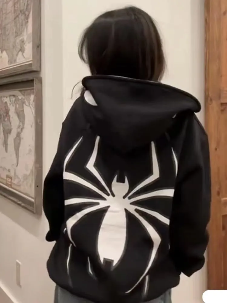 Obenie Y2k Spider Print Hoodies Hip Hop Zipper Long Sleeve Jacket Coats Harajuku Casual Loose Hooded Sweatshirt