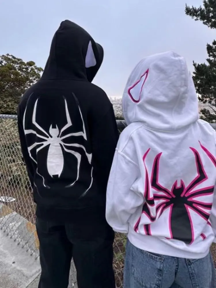 Obenie Y2k Spider Print Hoodies Hip Hop Zipper Long Sleeve Jacket Coats Harajuku Casual Loose Hooded Sweatshirt