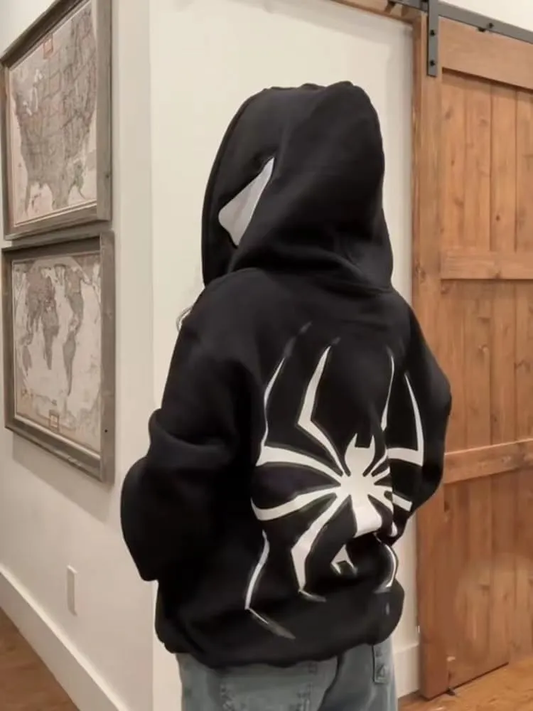 Obenie Y2k Spider Print Hoodies Hip Hop Zipper Long Sleeve Jacket Coats Harajuku Casual Loose Hooded Sweatshirt