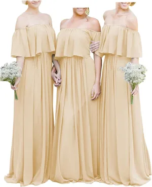 Off The Shoulder Chiffon Bridesmaid Dresses Long A-Line Flowy Formal Party Gowns with Ruffles