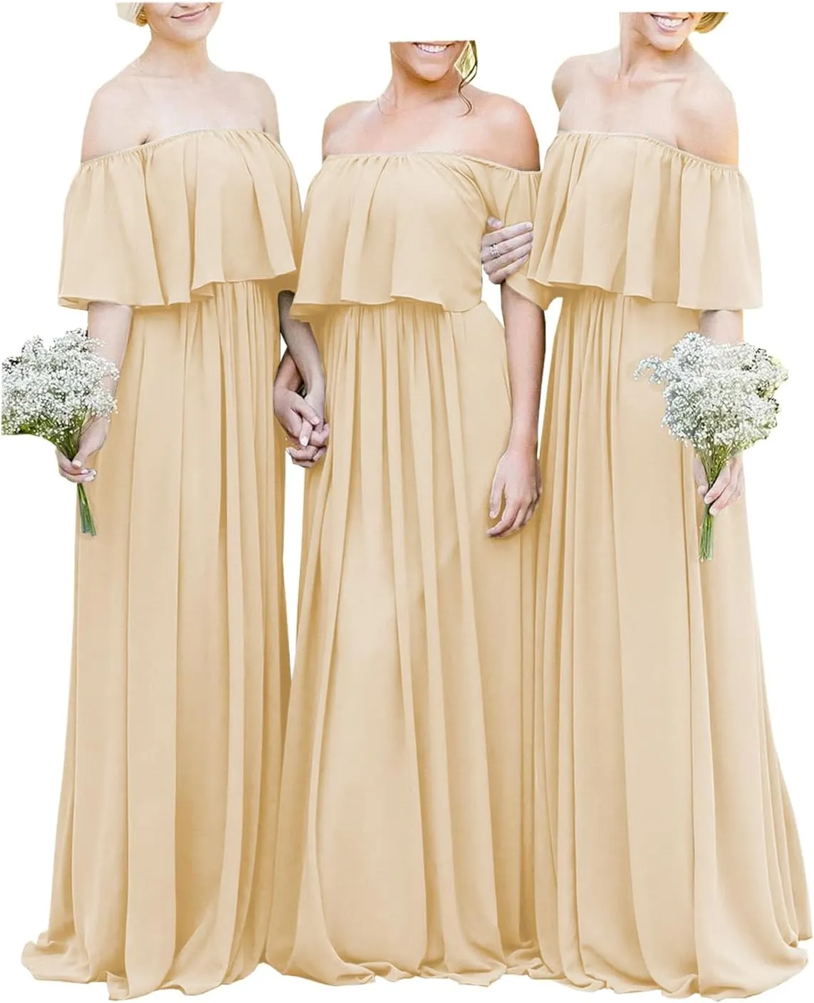 Off The Shoulder Chiffon Bridesmaid Dresses Long A-Line Flowy Formal Party Gowns with Ruffles