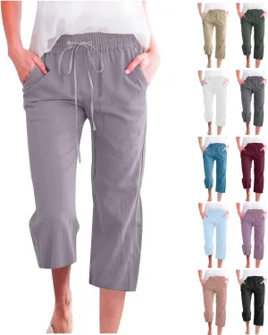Overstock Items Clearance All Prime,Capri Pants for Women Casual Summer Cotton Linen Capris Drawstring Elastic High Waist Pants Wide Leg Cropped Trouser