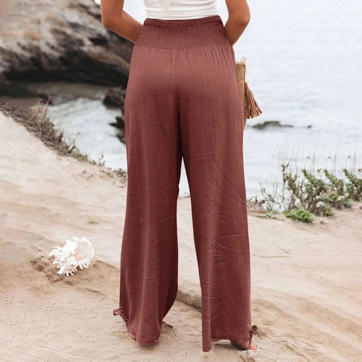 Palazzo Pants for Women Summer Wide Leg High Waist Linen Pants Loose Fitting Casual Flowy Trousers with Pockets