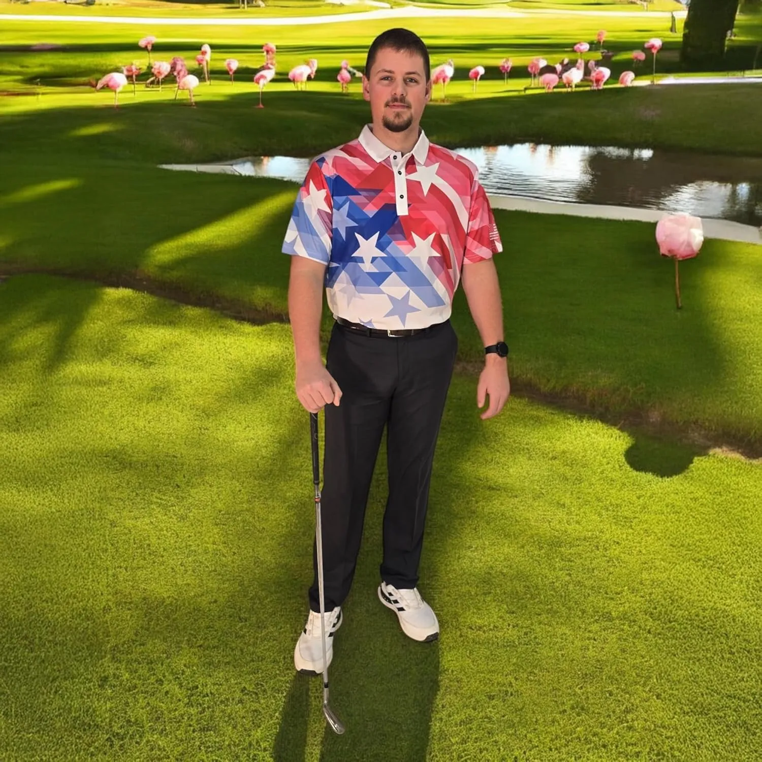 Patriotic USA Golf Polo Shirt  Mens Performance Short Sleeve Moisture Quick Dry Fit Athletic Veteran UPF Stretch Casual Fun