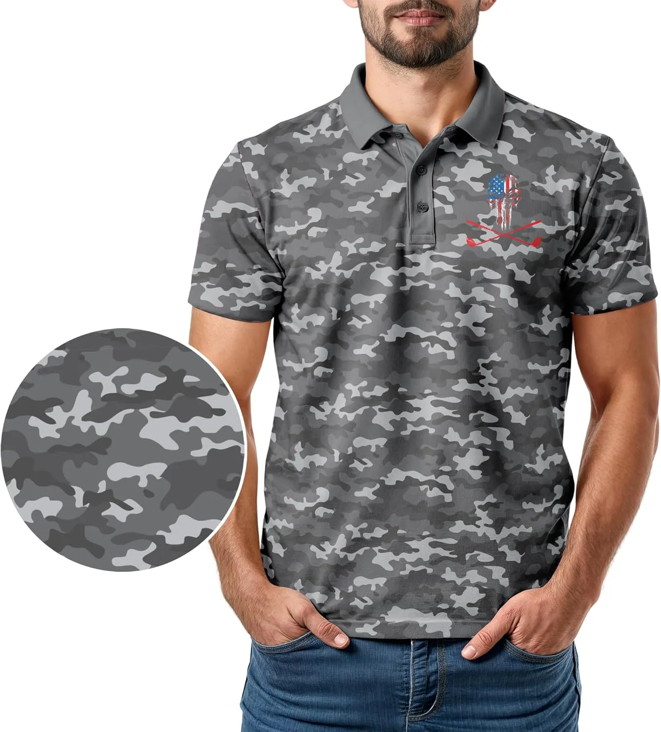 Patriotic USA Golf Polo Shirt  Mens Performance Short Sleeve Moisture Quick Dry Fit Athletic Veteran UPF Stretch Casual Fun