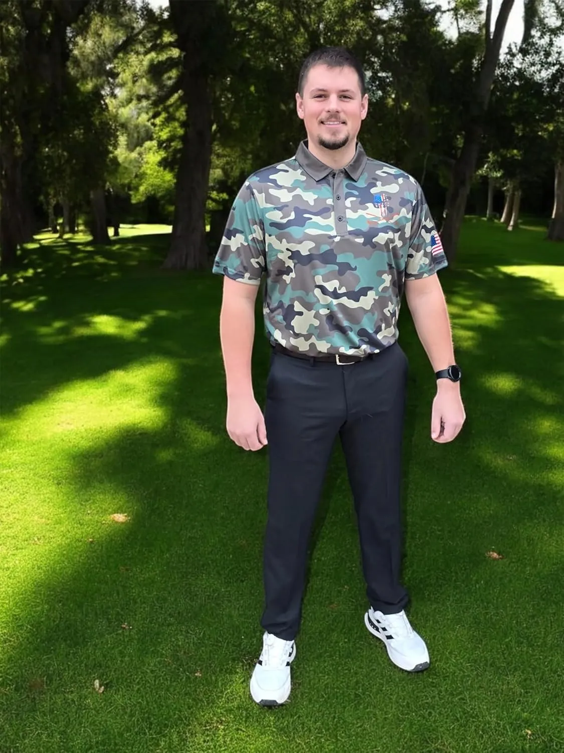 Patriotic USA Golf Polo Shirt  Mens Performance Short Sleeve Moisture Quick Dry Fit Athletic Veteran UPF Stretch Casual Fun
